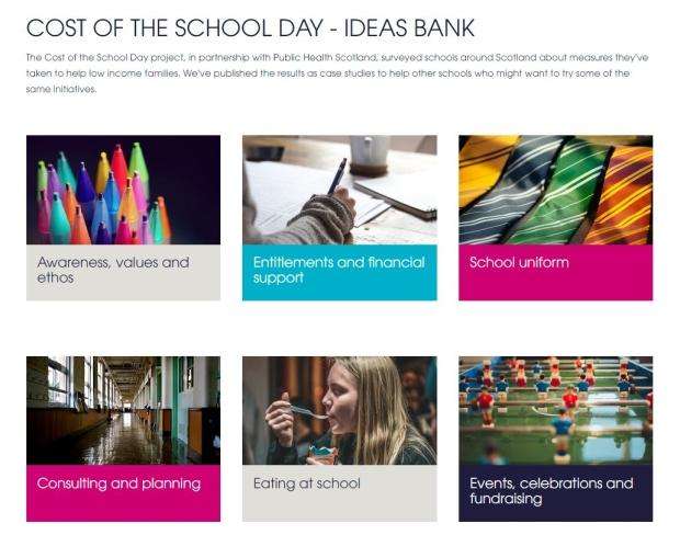 Screenshot of the cost of the school day ideas bank